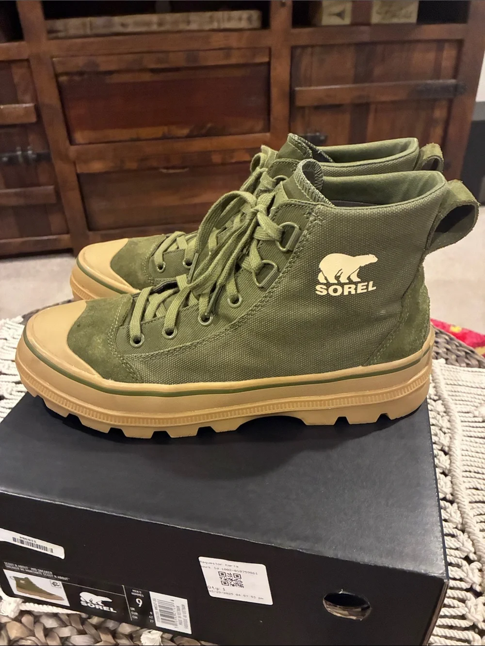Sorel Olive Green High-Top Sneakers with Tan Sole